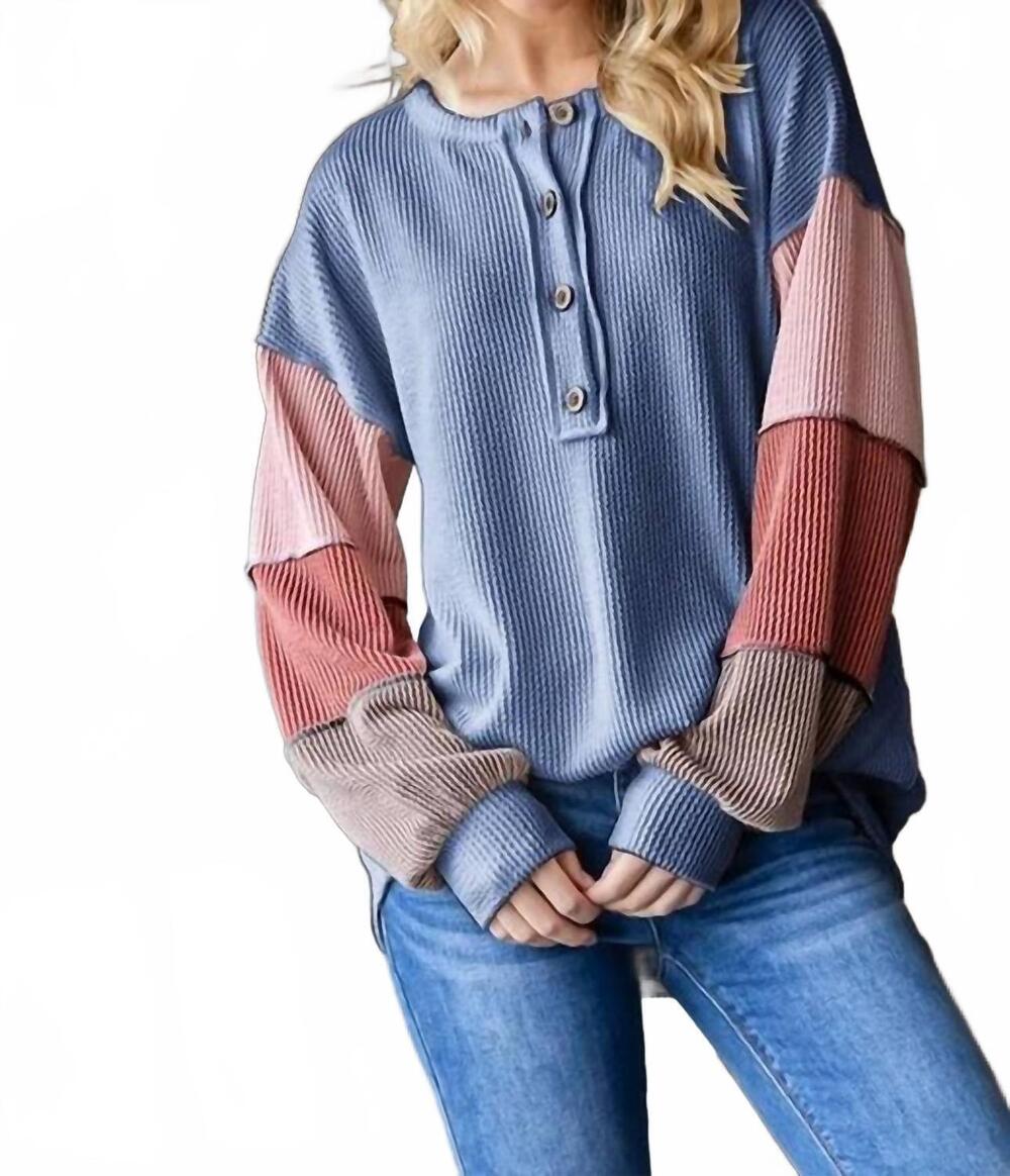 NEW HEIMISH USA women's long puff sleeve ribbed color block top in blue
